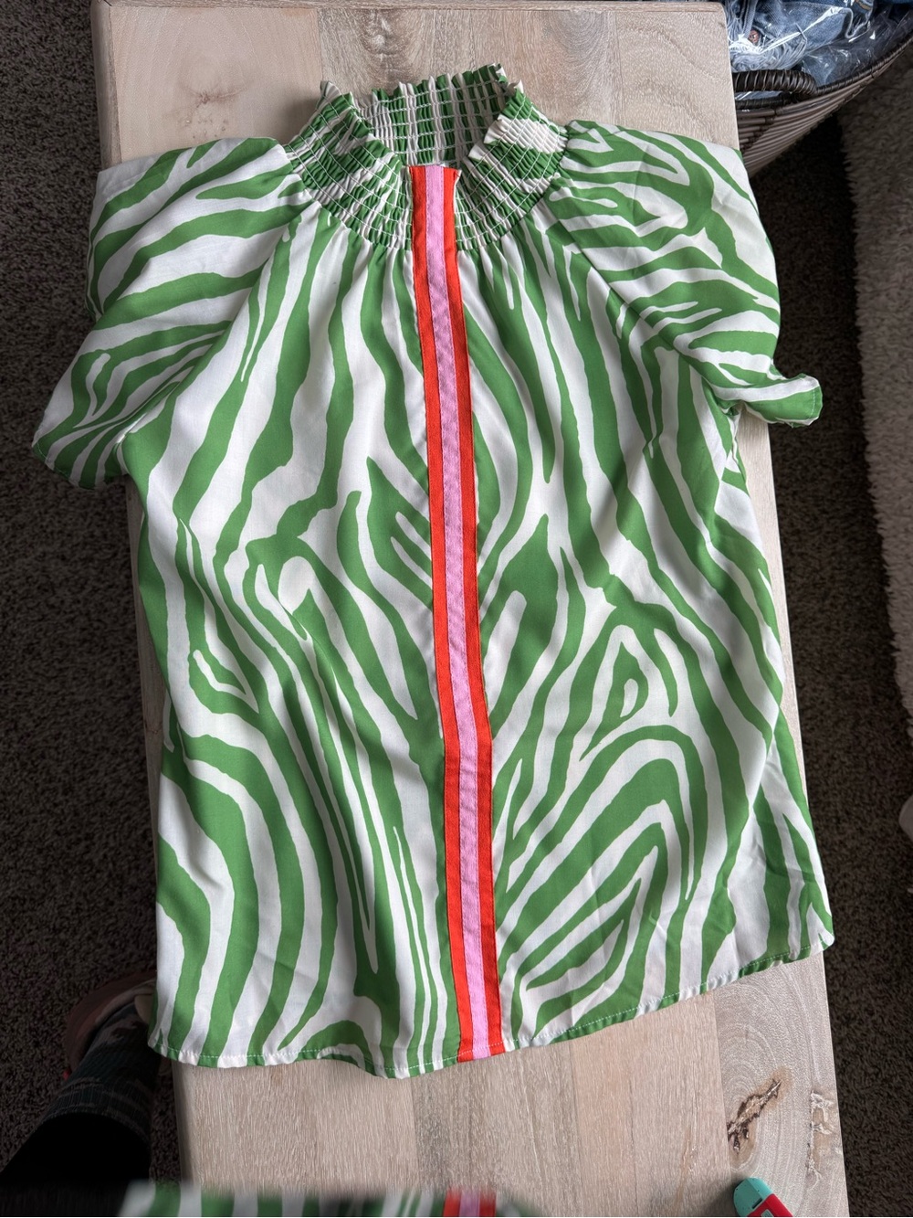 THML Green Swirl Print Flutter Sleeve Blouse with Coral Trim - Picture 4 of 7